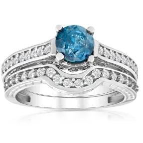 1 1/2ct Blue & White Vintage Diamond Engagement Ring Set 14K White Gold