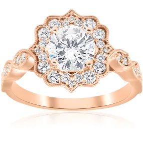 1 1/2ct Vintage Diamond Halo Engagement Ring 14k Rose Gold Art Deco Design