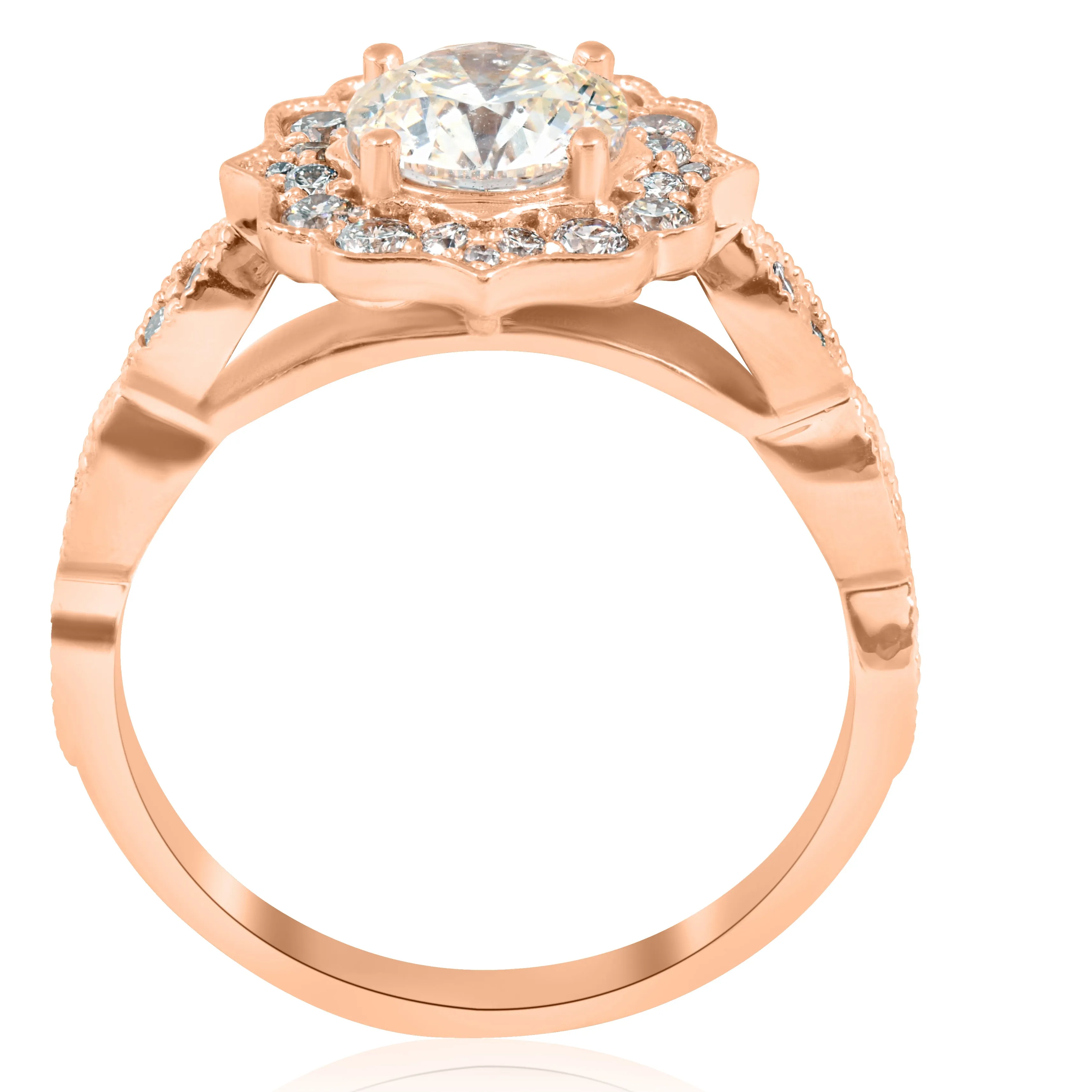 1 1/2ct Vintage Diamond Halo Engagement Ring 14k Rose Gold Art Deco Design