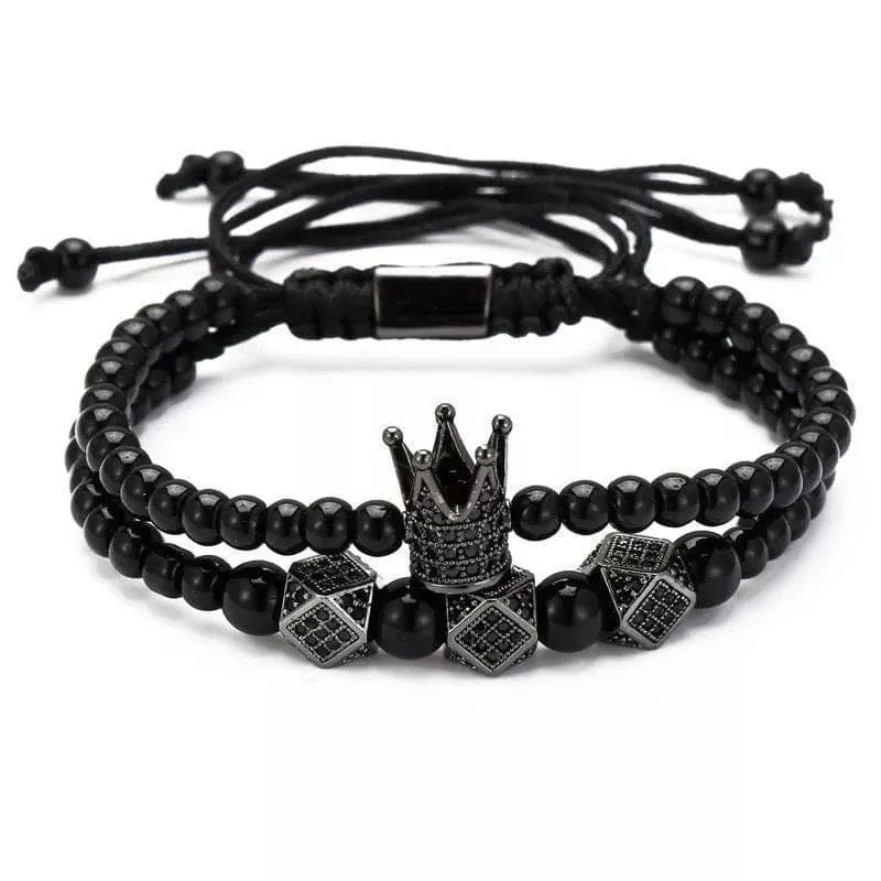 2 Pc Black Onyx Crown Bracelet Set