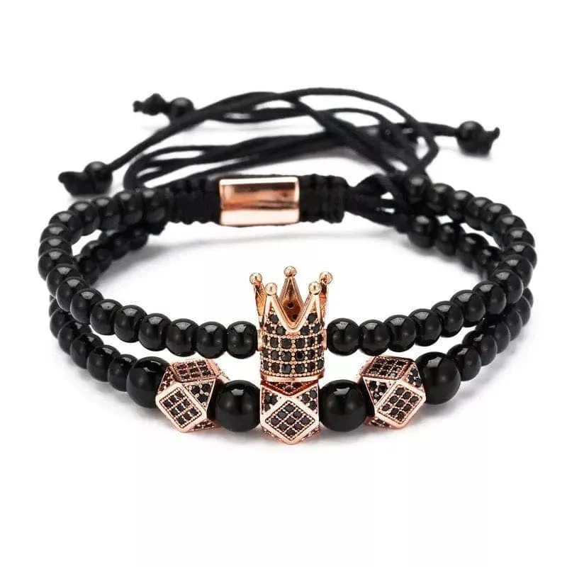 2 Pc Black Onyx Crown Bracelet Set