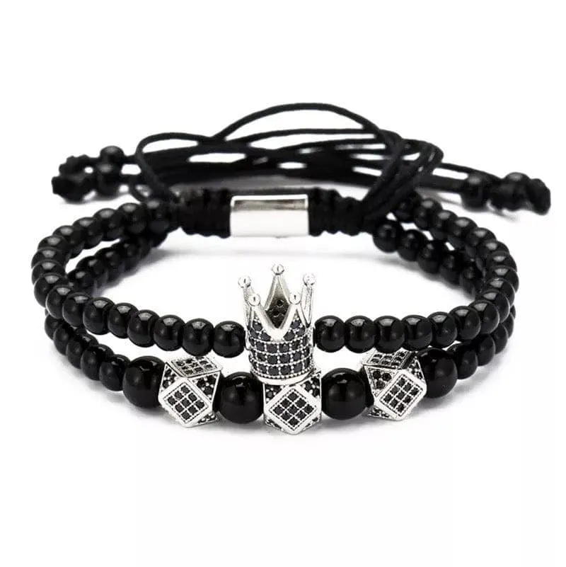 2 Pc Black Onyx Crown Bracelet Set