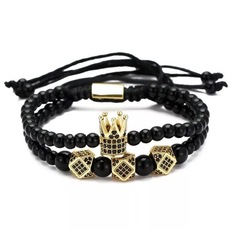 2 Pc Black Onyx Crown Bracelet Set