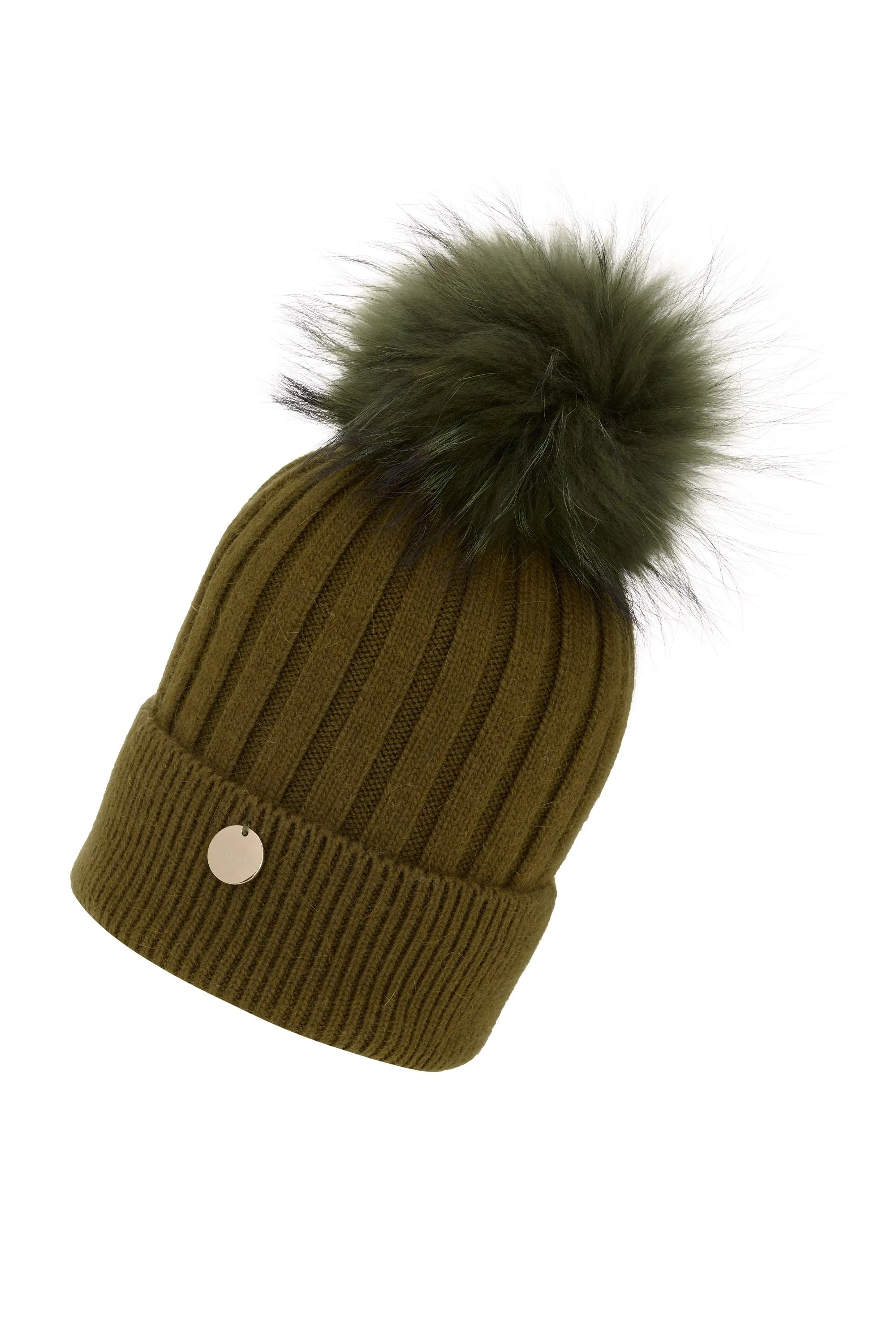 Adults Khaki Angora Beanie Hat with matching Pom