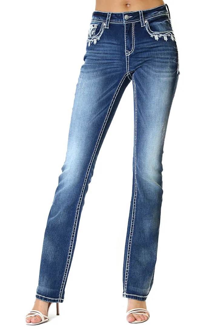 Aztec Embellished Mid Rise Bootcut Jeans