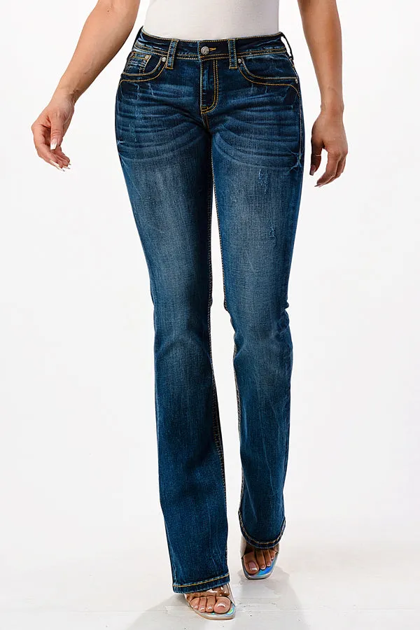 Basic 5 Pockets Design Mid Rise Bootcut Jeans