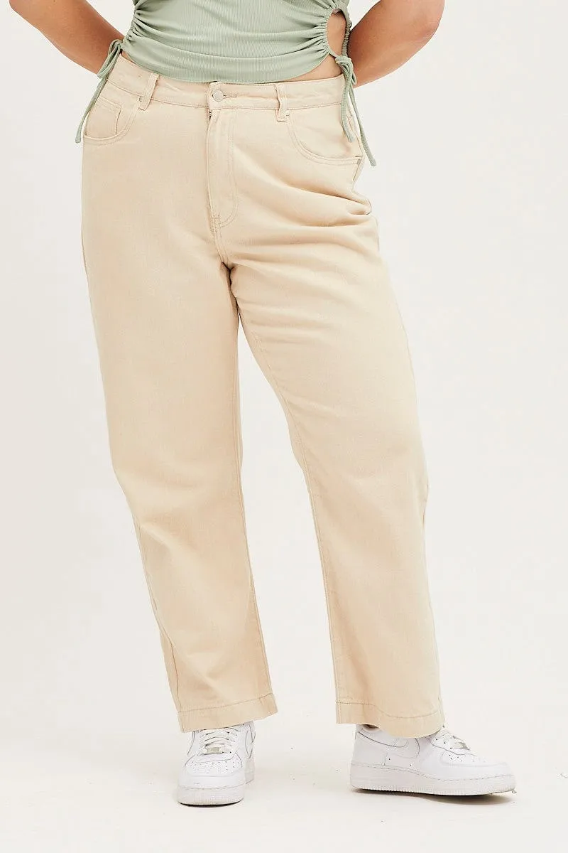 Beige Denim Jean High Rise Wide Leg