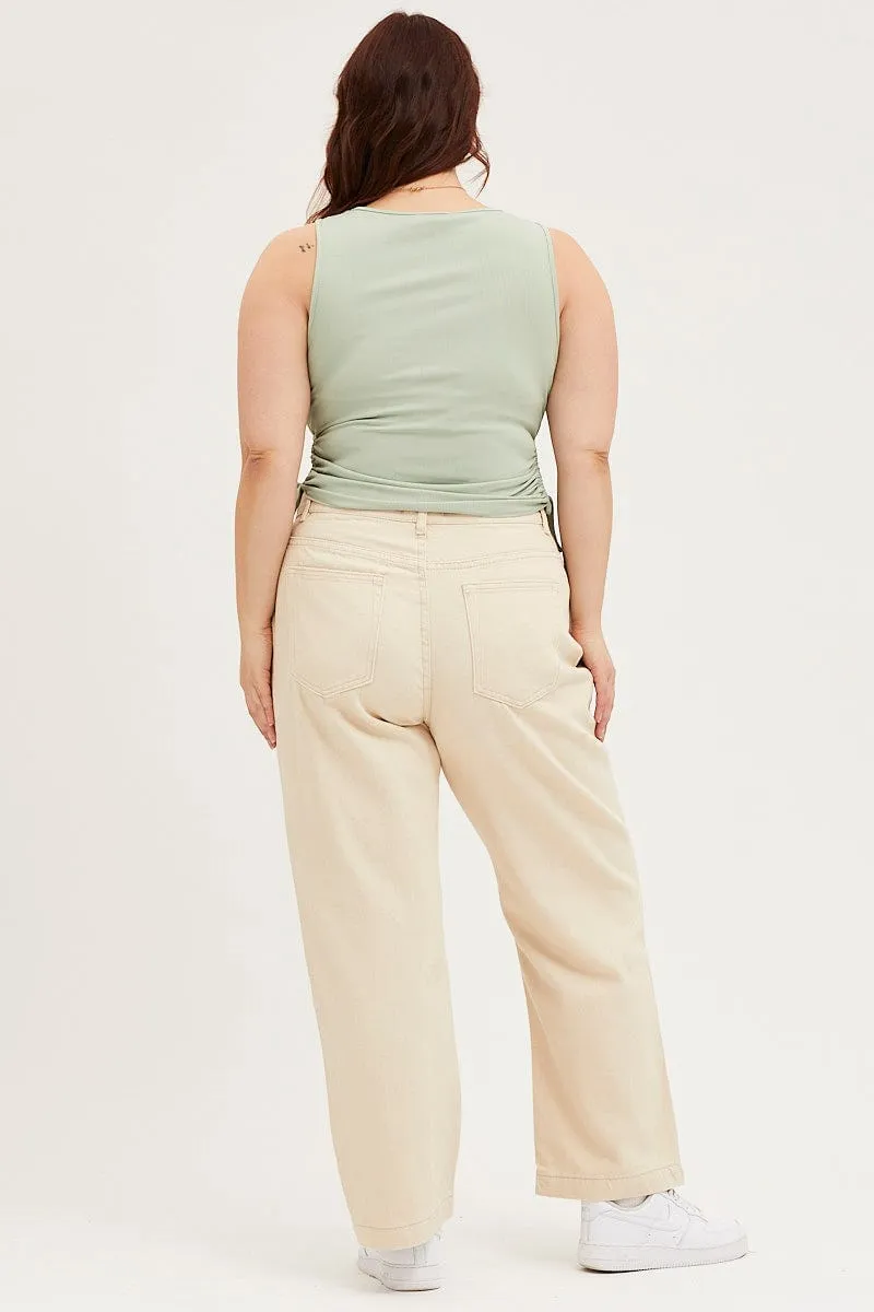 Beige Denim Jean High Rise Wide Leg