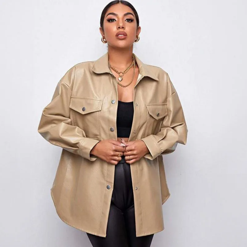 Beige Oversized Faux-Leather Jacket