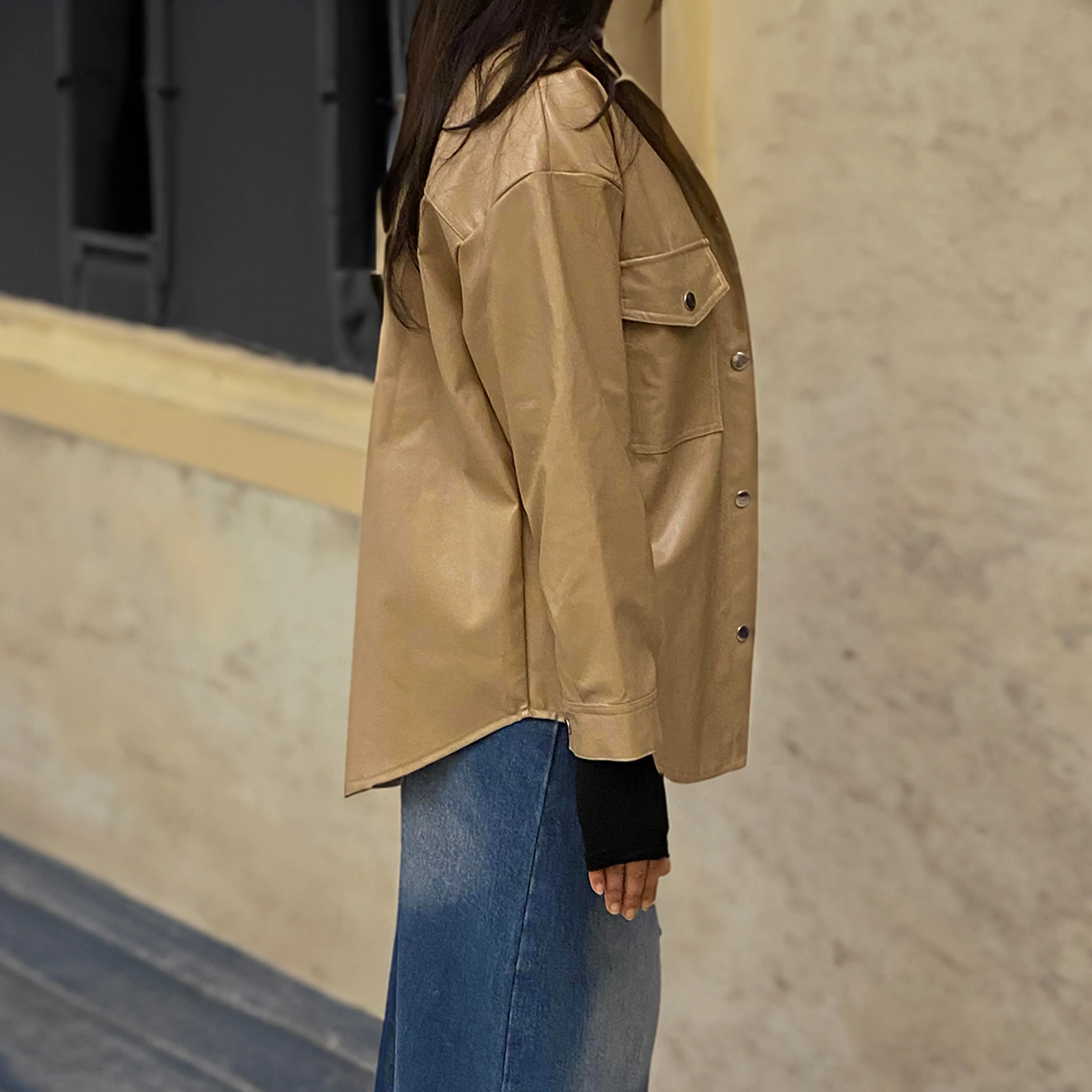 Beige Oversized Faux-Leather Jacket