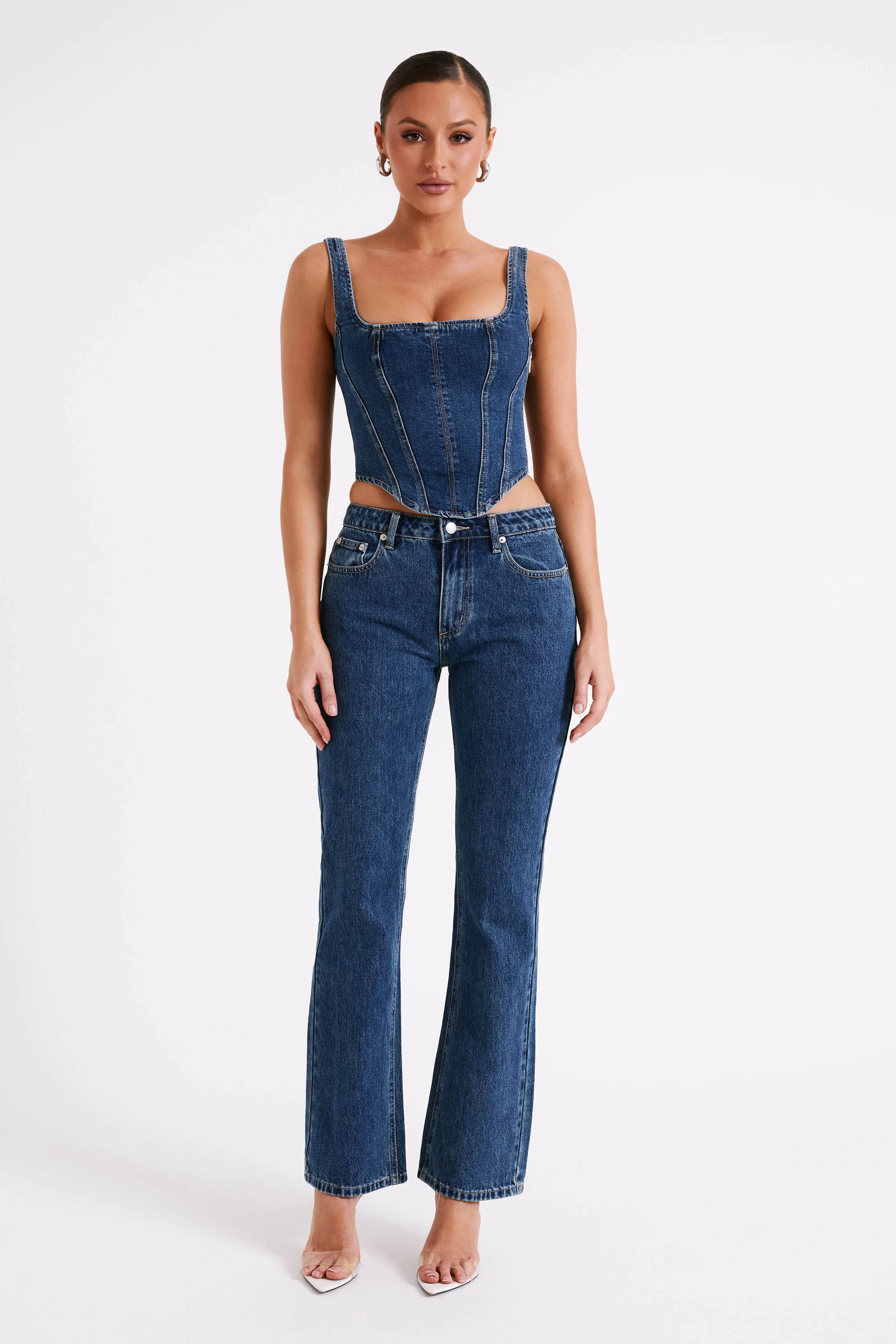 Bianca Denim Lace Up Corset - Dark Blue