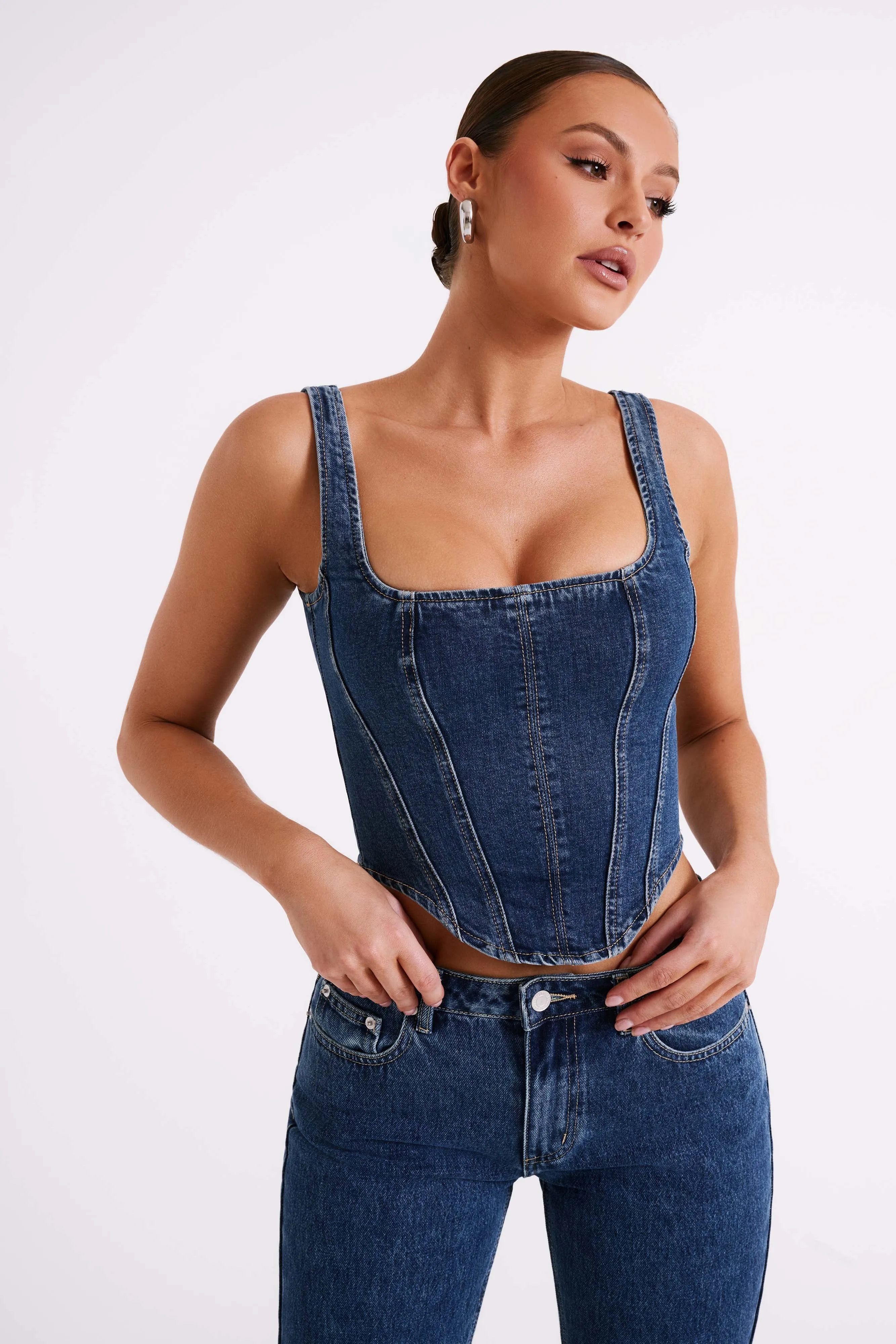 Bianca Denim Lace Up Corset - Dark Blue