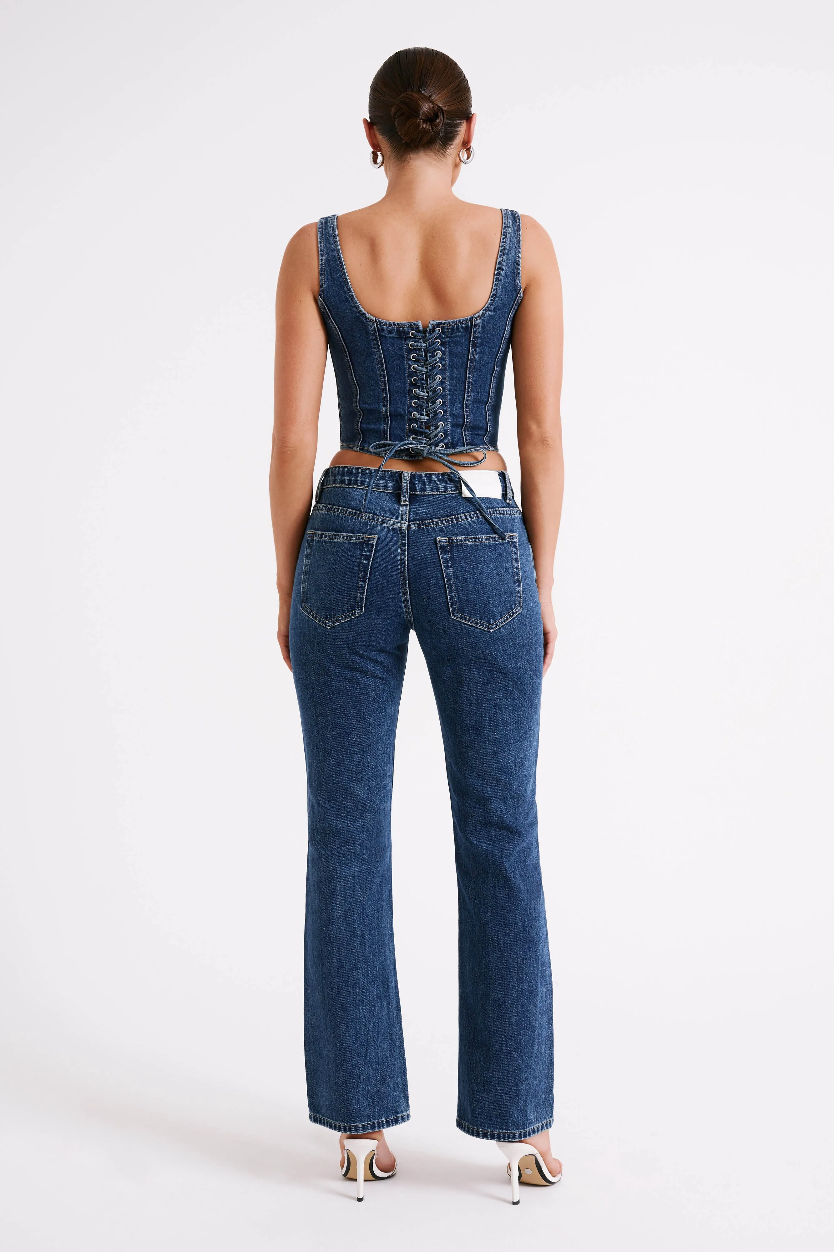 Bianca Denim Lace Up Corset - Dark Blue