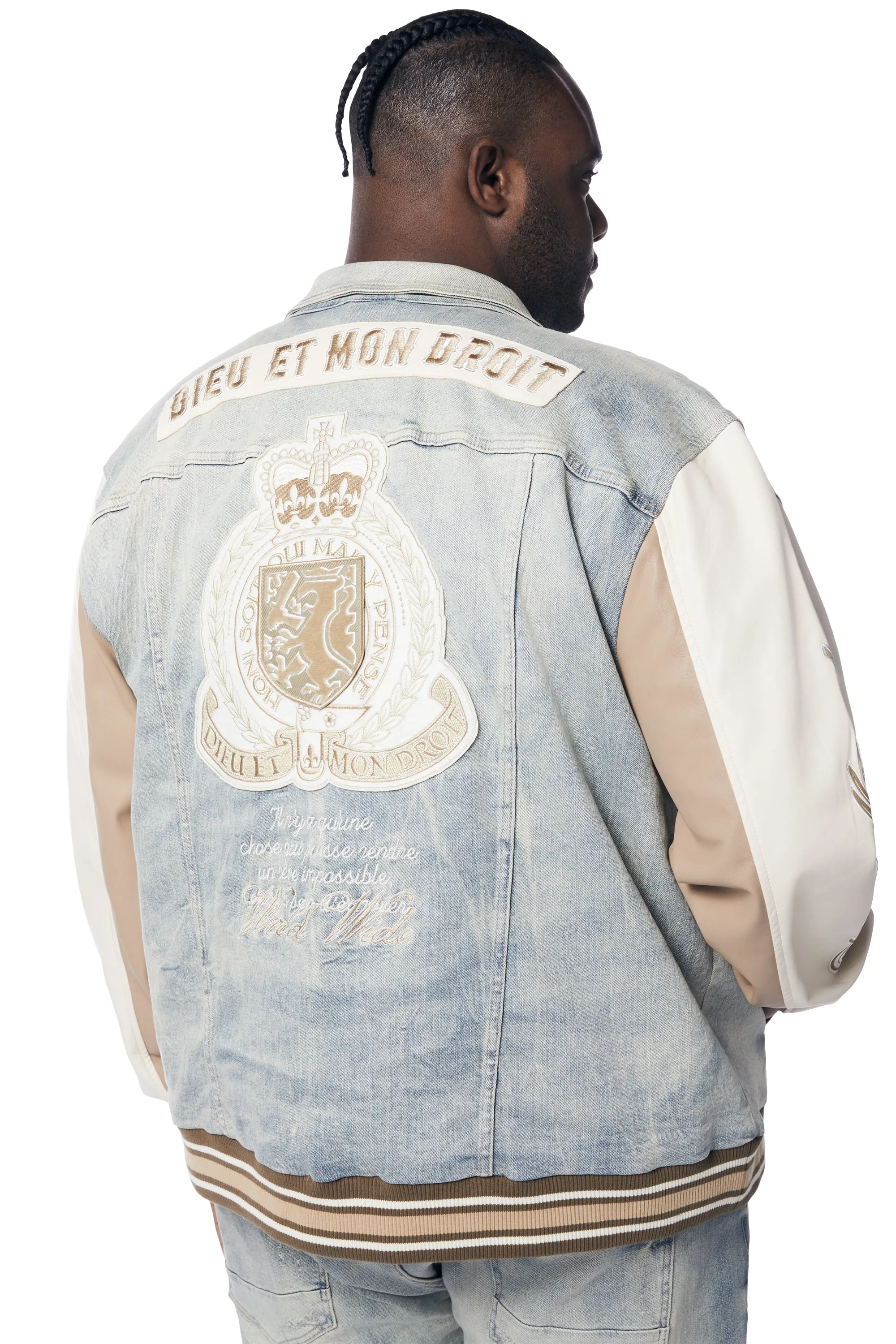 Big and Tall - Preppy Crest Embroidered Jean Jacket - Industrial Blue