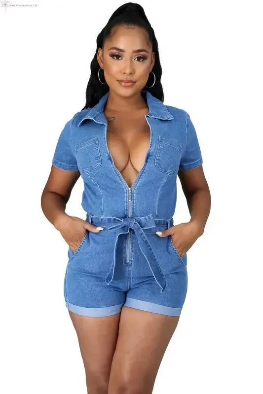 Blue Jean Romper Waist Tie