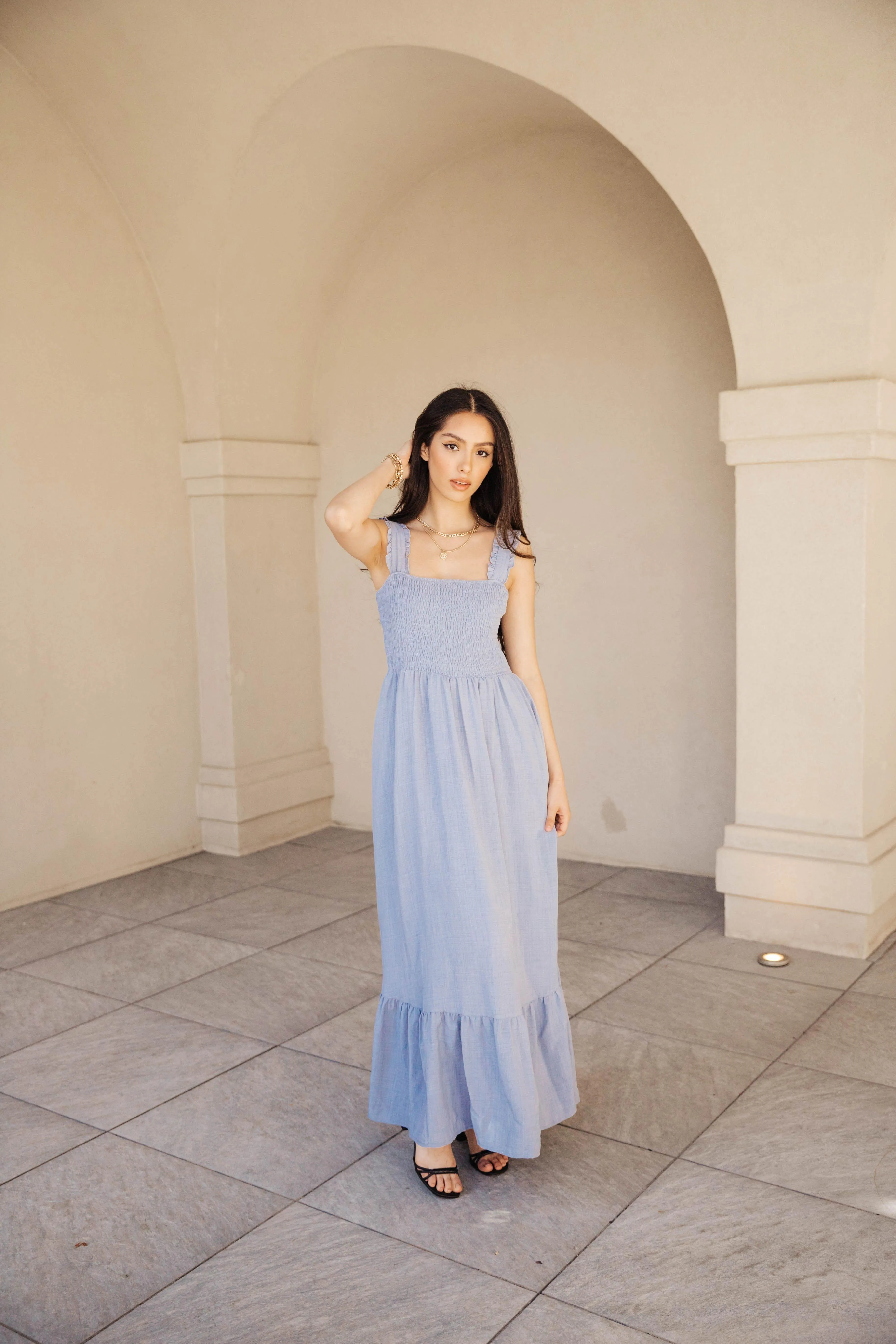 Blue Jean Ruffle Maxi Dress