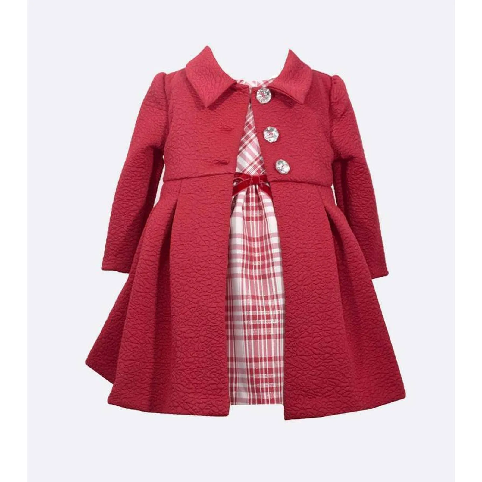 BONNIE JEAN BABY Girls Infant, Red "Gloria" Coat w/ Plaid Dress 2 Pieces, NWT