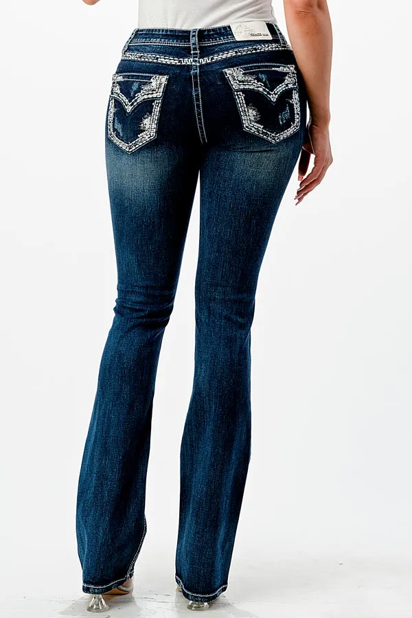 Border Stitches Faux Flap Embellishment Mid Rise Bootcut Jeans