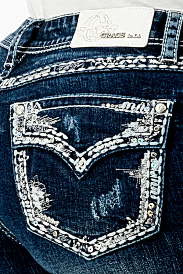 Border Stitches Faux Flap Embellishment Mid Rise Bootcut Jeans