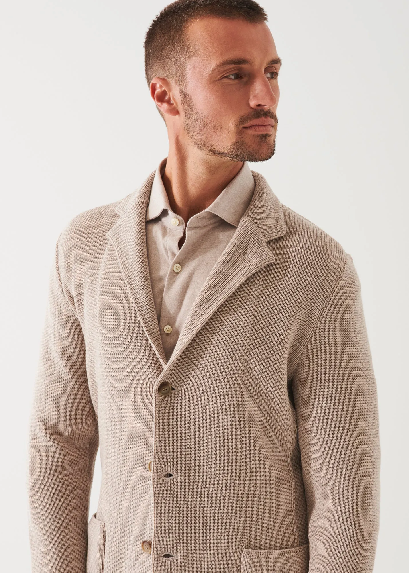 CARDIGAN STITCH MERINO WOOL 3-BUTTON BLAZER