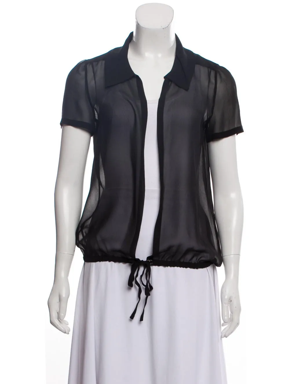 Chanel 2004 Cruise 04C Black Silk Chiffon Short Sleeve Sheer Drawstring Blouse Top FR 36 US 2/4