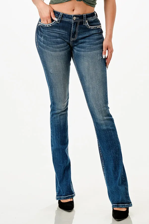 Cross Embellished Mid Rise Bootcut Jeans