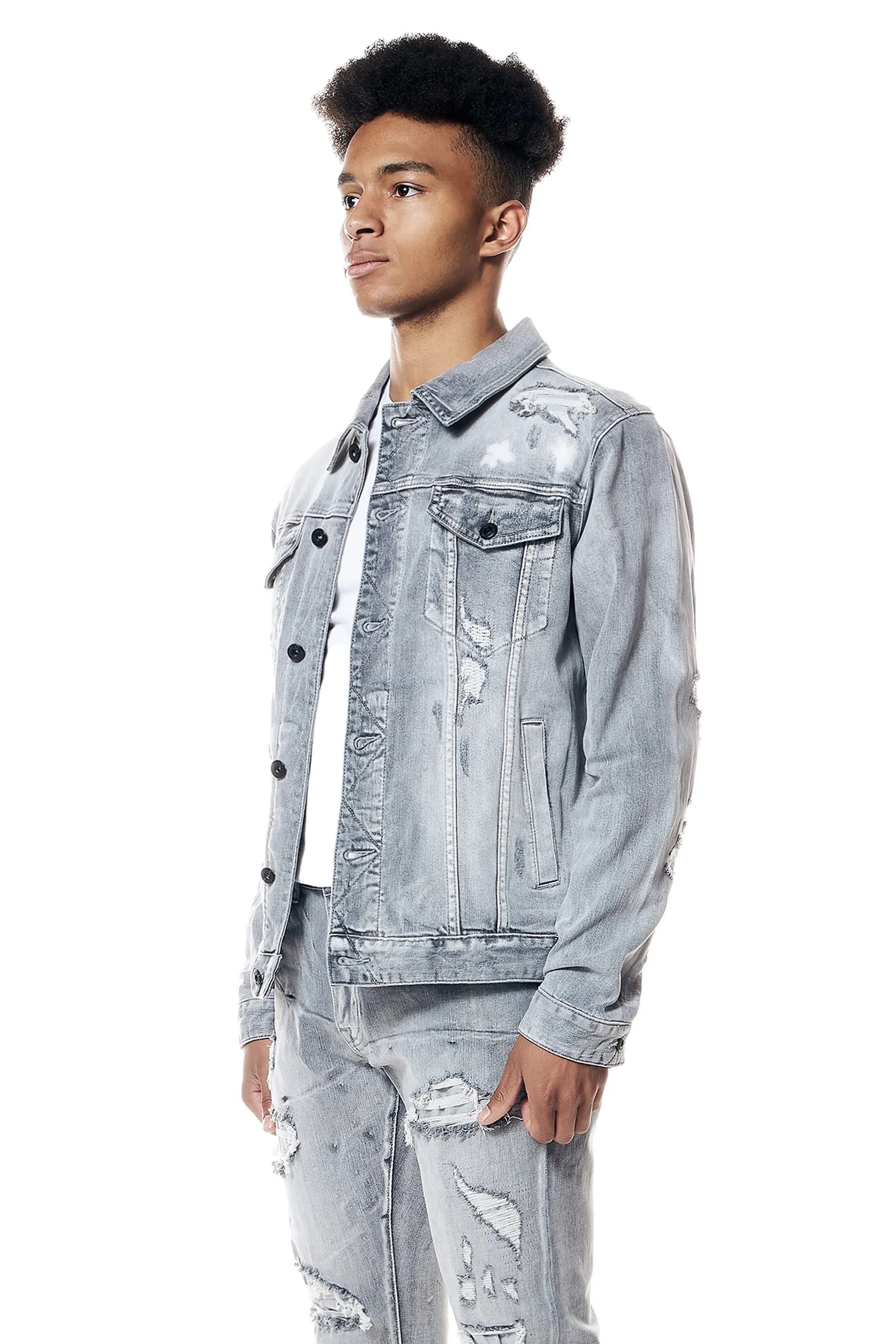 Distressed Rip & Repair Jean Jacket - Union Grey