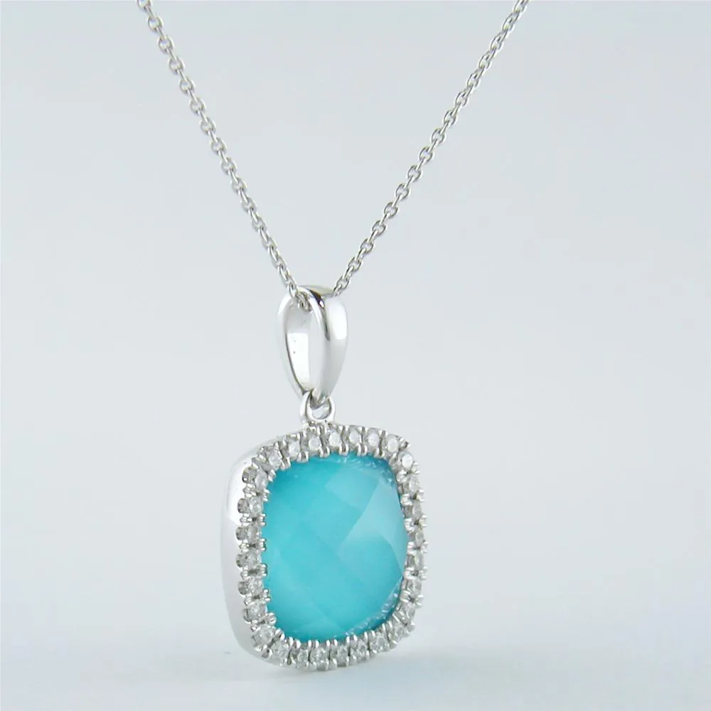 Doves St. Barth's Blue Turquoise & Diamond Cushion White Gold Pendant Necklace