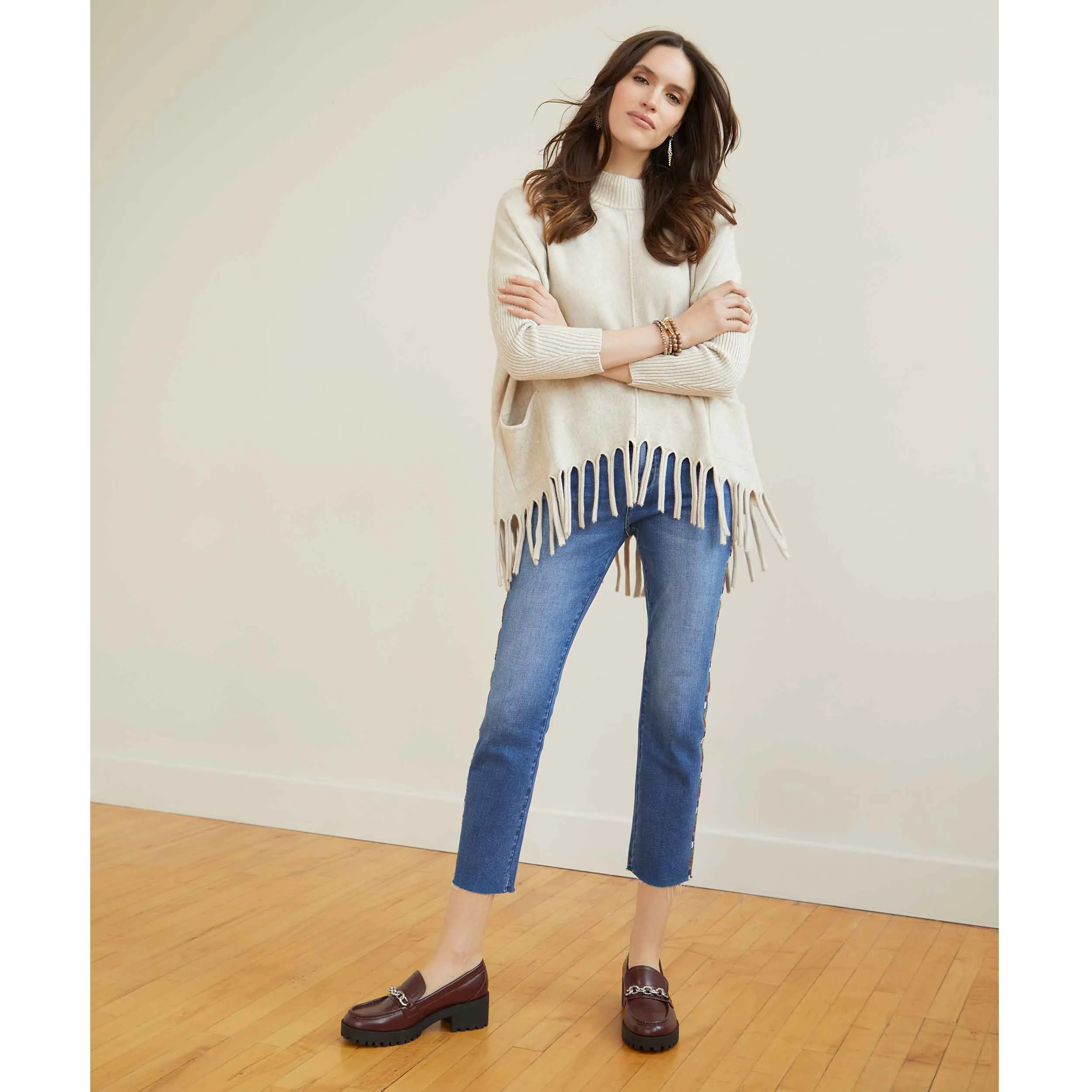 EverStretch Straight Ankle with Multi Colored Embroidered Stripe - Medium Denim