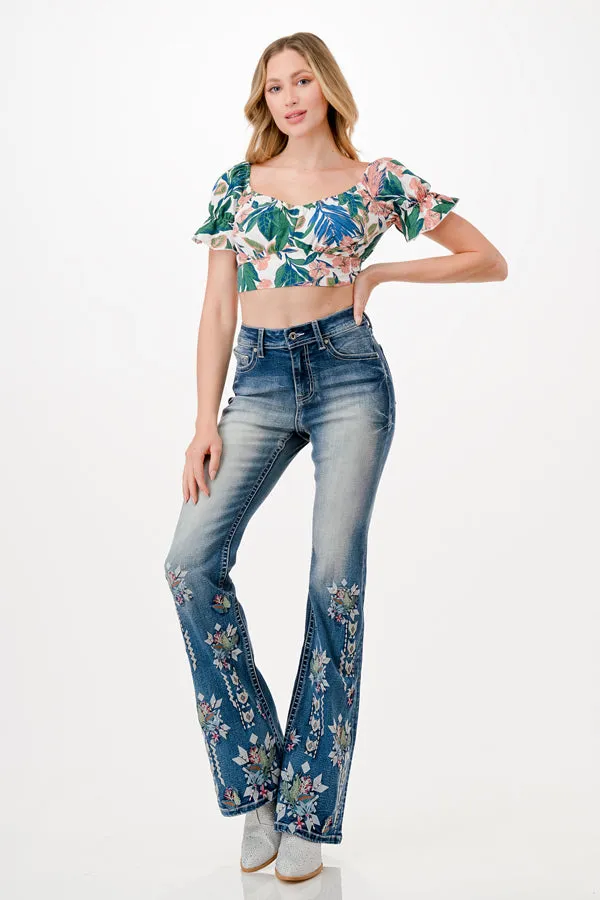 Floral Embroidery Printing  High Waist Flare