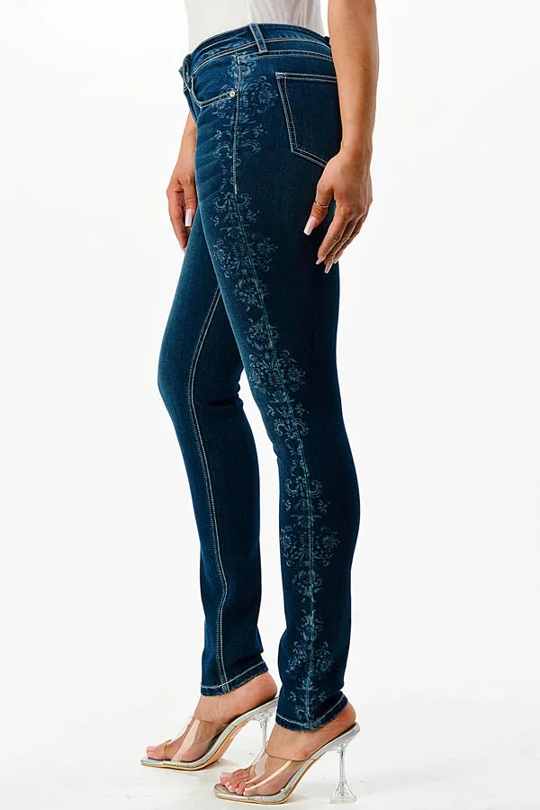 Floral Printed Med Blue Mid Rise Skinny Jeans