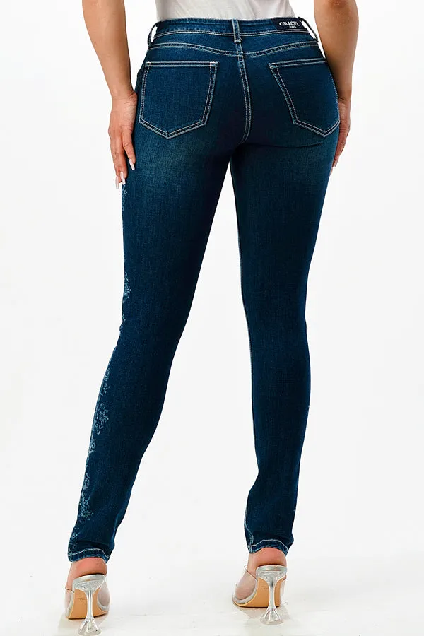 Floral Printed Med Blue Mid Rise Skinny Jeans