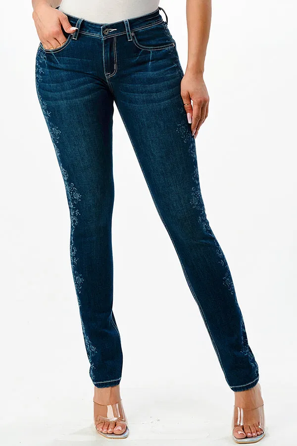 Floral Printed Med Blue Mid Rise Skinny Jeans