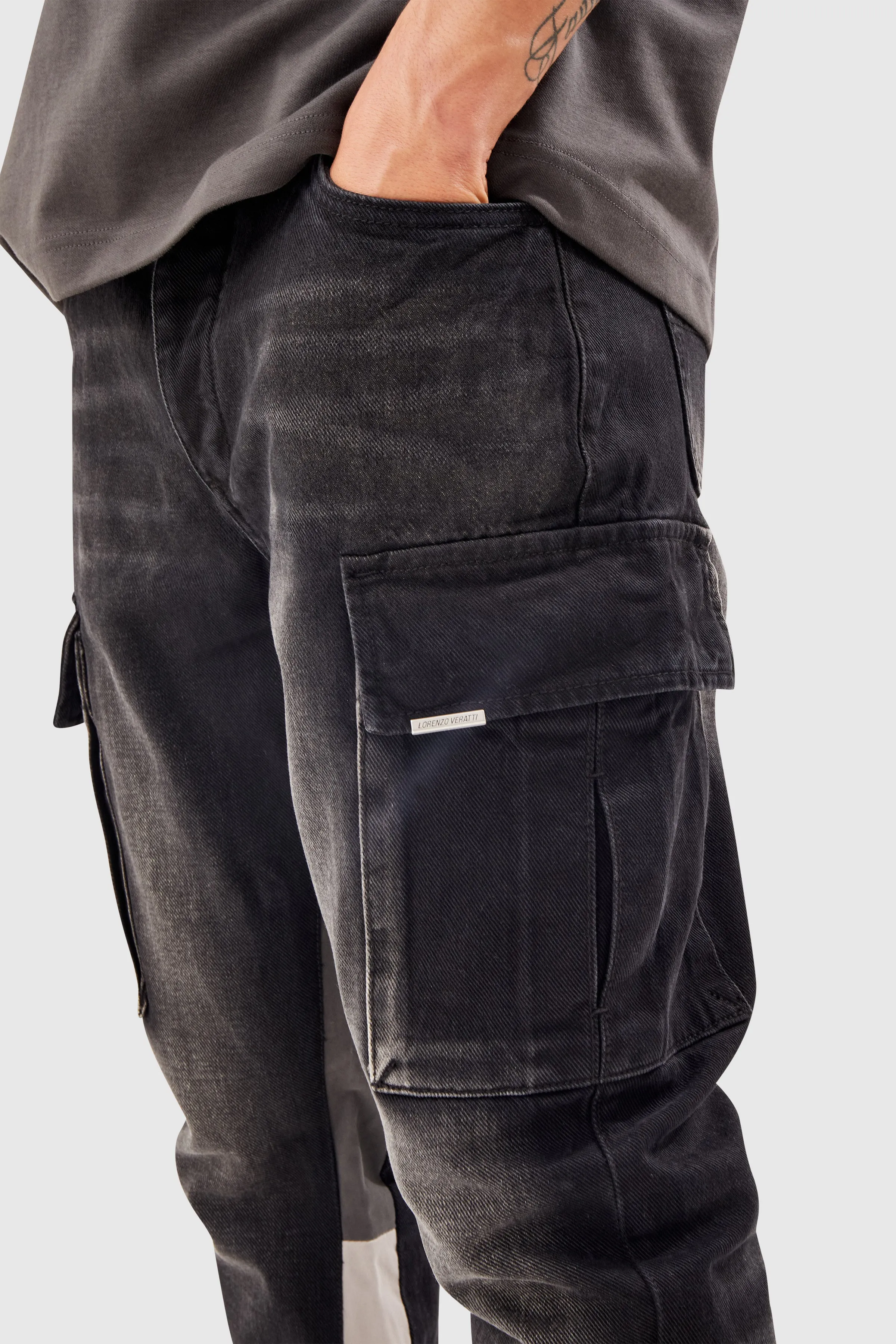 GENERAL DENIM CARGO FLARE JEAN - BLACK