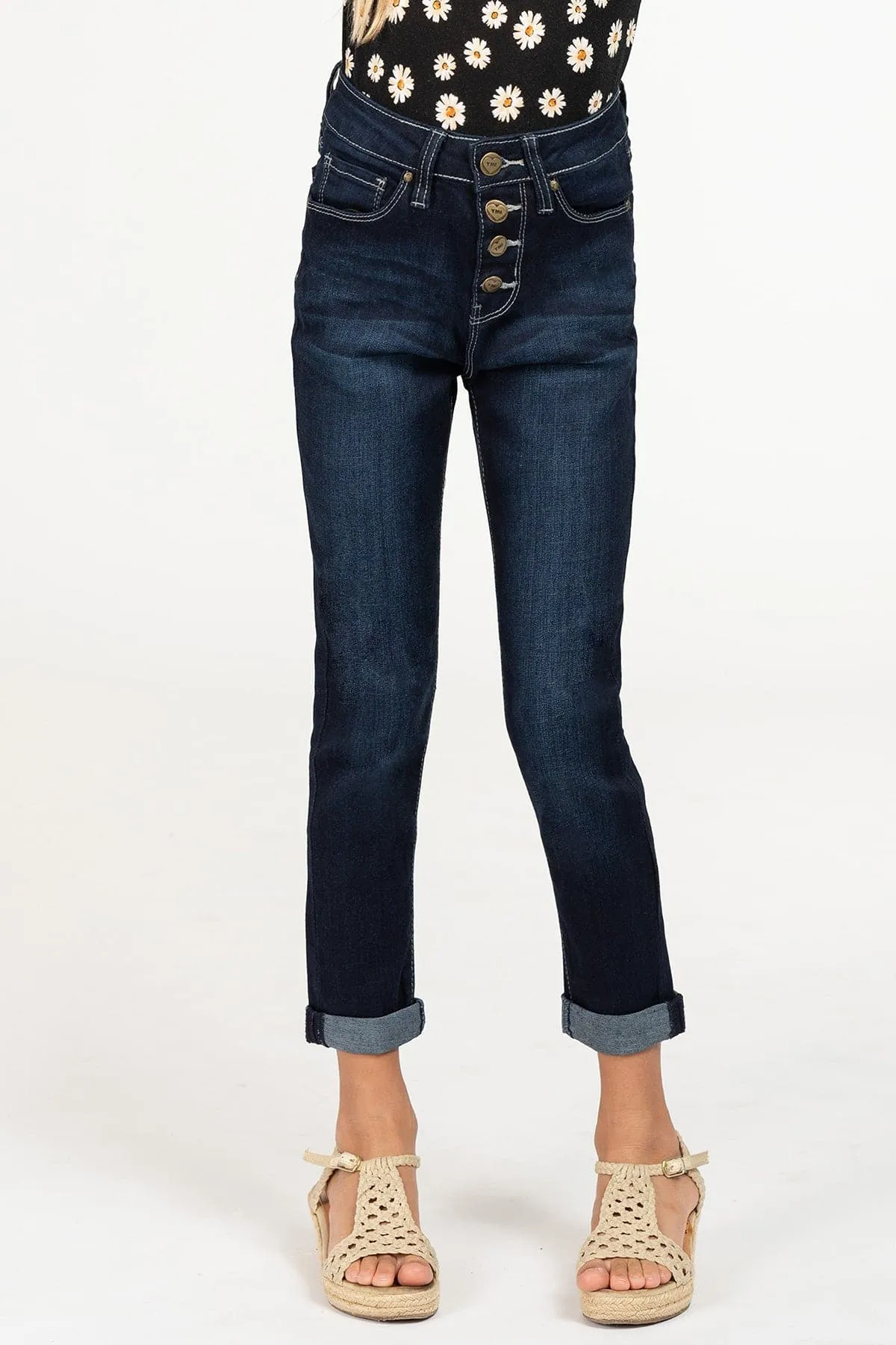 Girls High-Waisted Button-Fly Denim Ankle Jeans with Rolled Cuffs