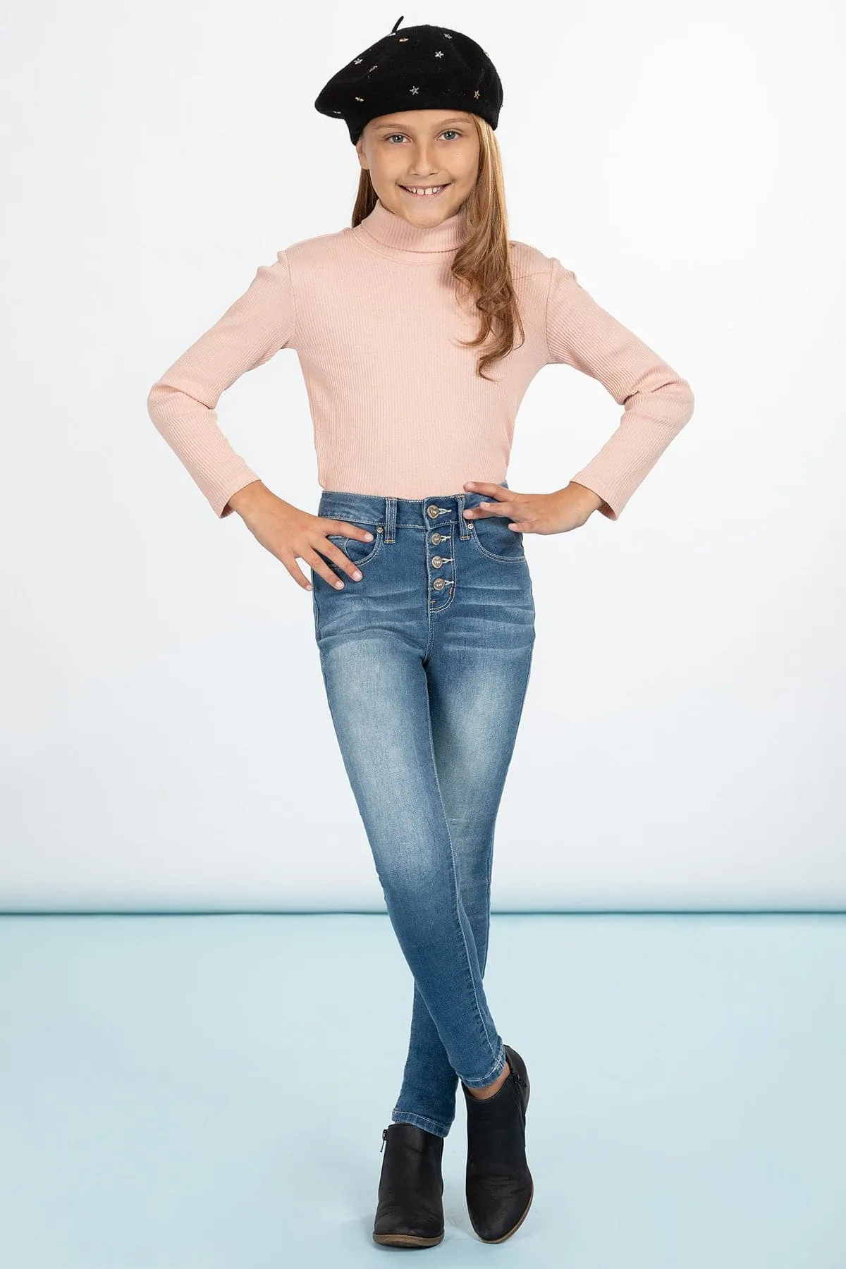 Girls High-Waisted Button-Fly Denim Ankle Jeans with Rolled Cuffs