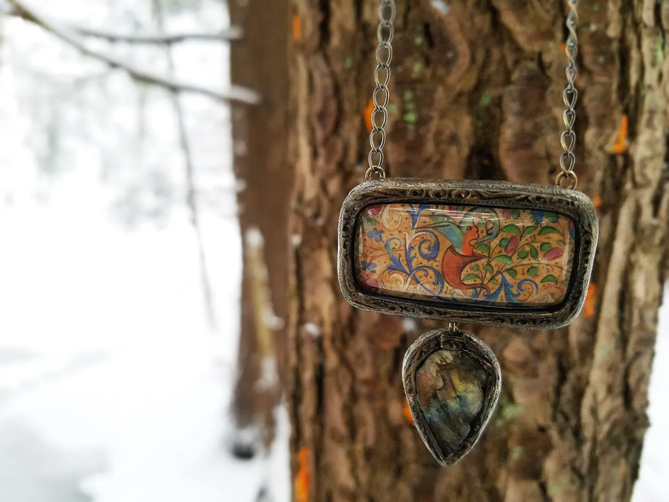 Illuminated Manuscript Beastie ~ Labradorite Pictorial Shrine Amulet