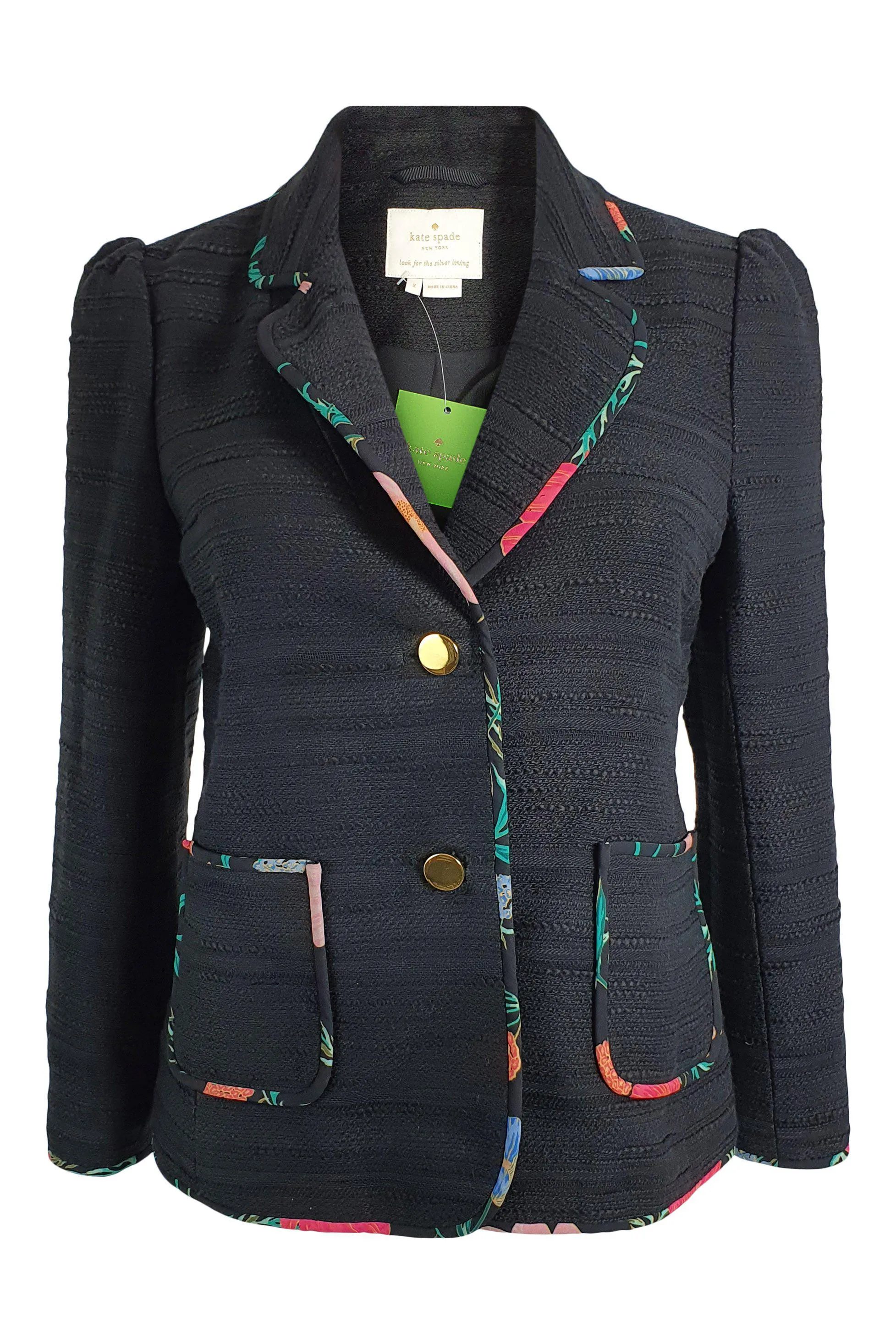 KATE SPADE Black Picnic Perfect Blossom Trimmed Tweed Jacket (US 2 | UK 6)