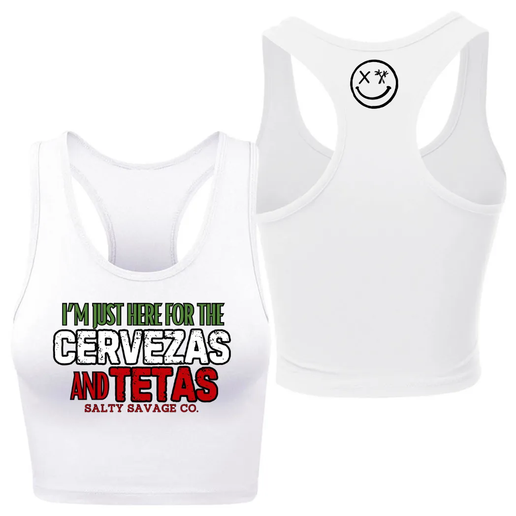 Ladies "CERVEZAS AND TETAS" Racerback Crop Tank | Cinco De Mayo Edition