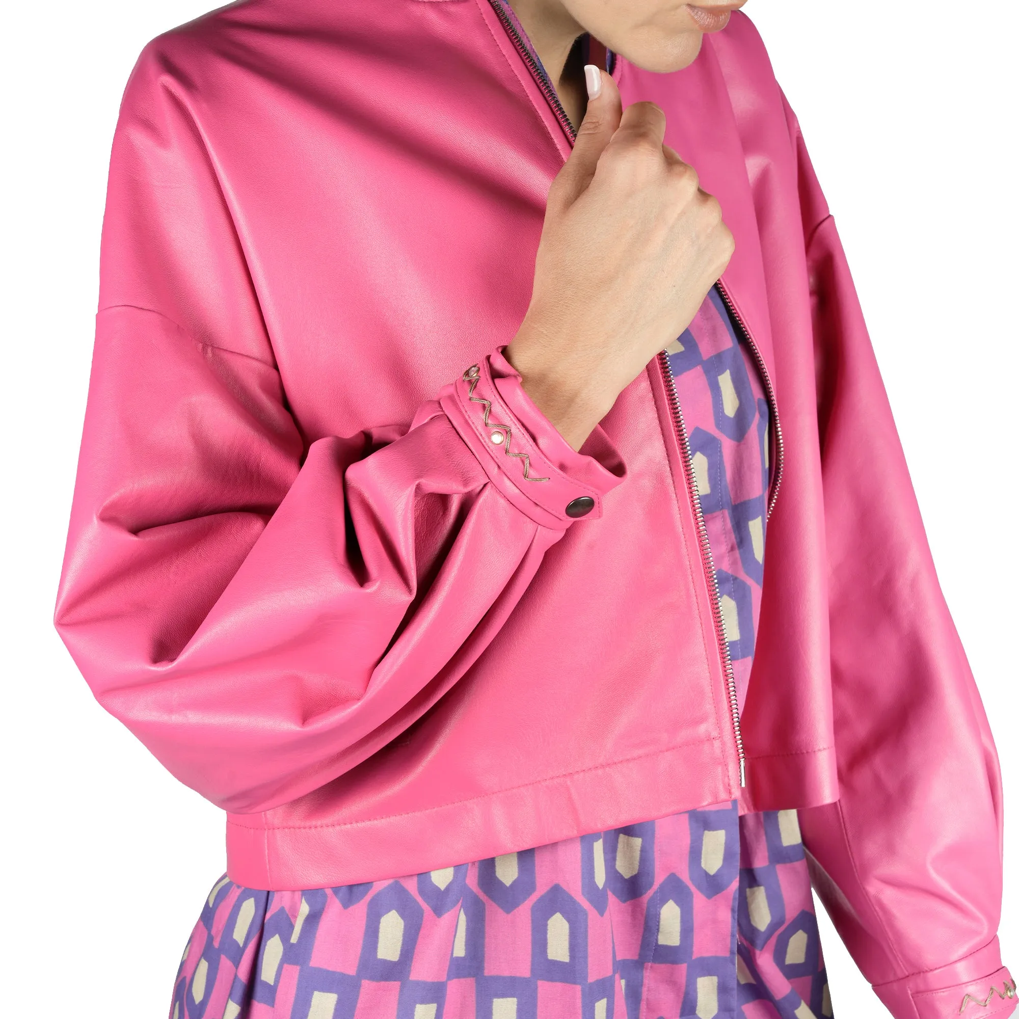 Leather Bomber Jacket Fuchsia