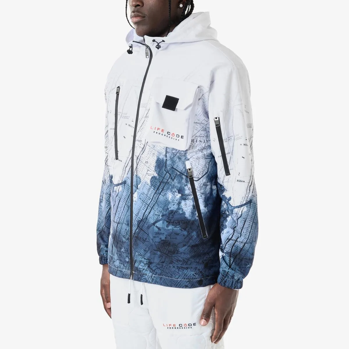 Life Code Map Windbreaker Jacket (White/Navy)