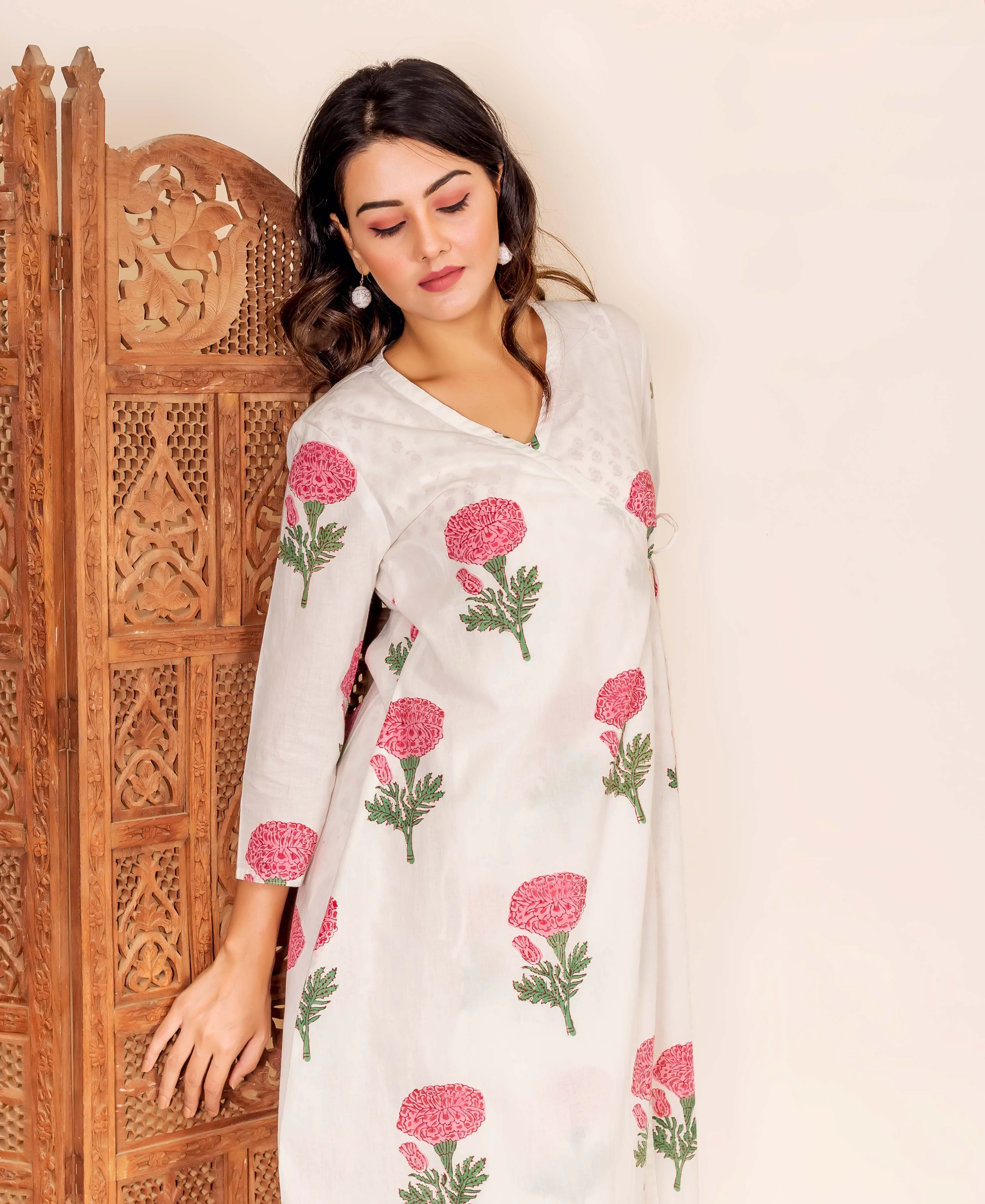 Marigold Hand Block Printed Nighty and Robe Set