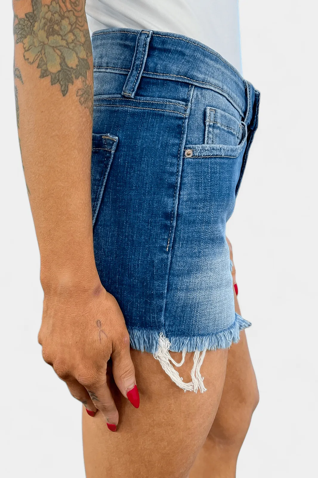 Medium Wash Mid Rise Frayed Denim Shorts