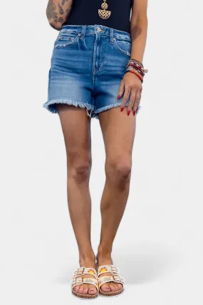 Medium Wash Mid Rise Raw Hem Denim Shorts