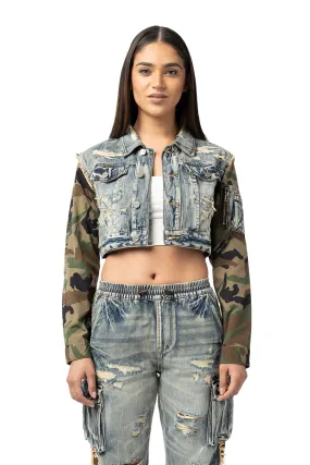 Mix Media Cropped Jean Jacket - Florence Blue