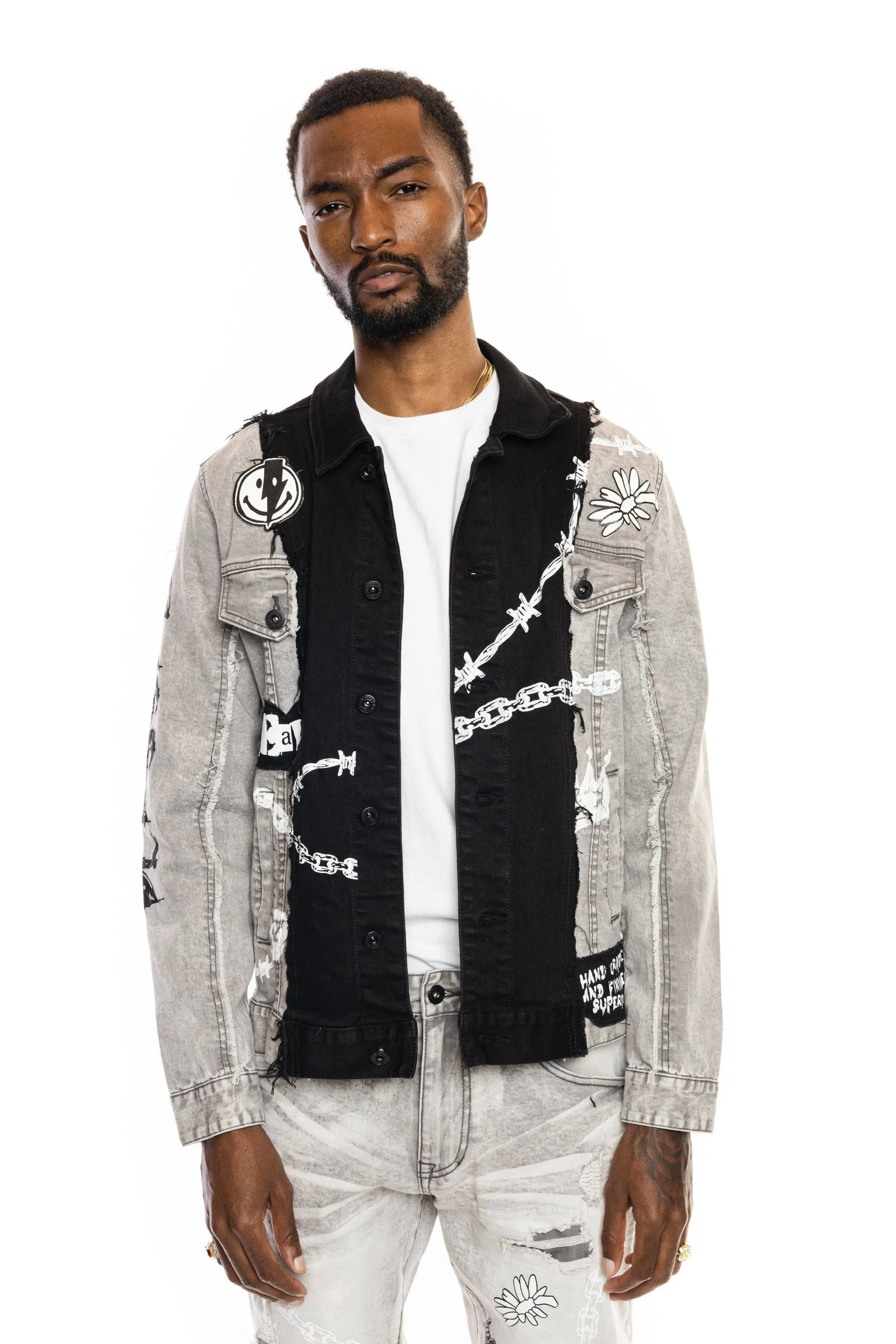 Mixed Media Fashion Jean Jacket - Frost Grey