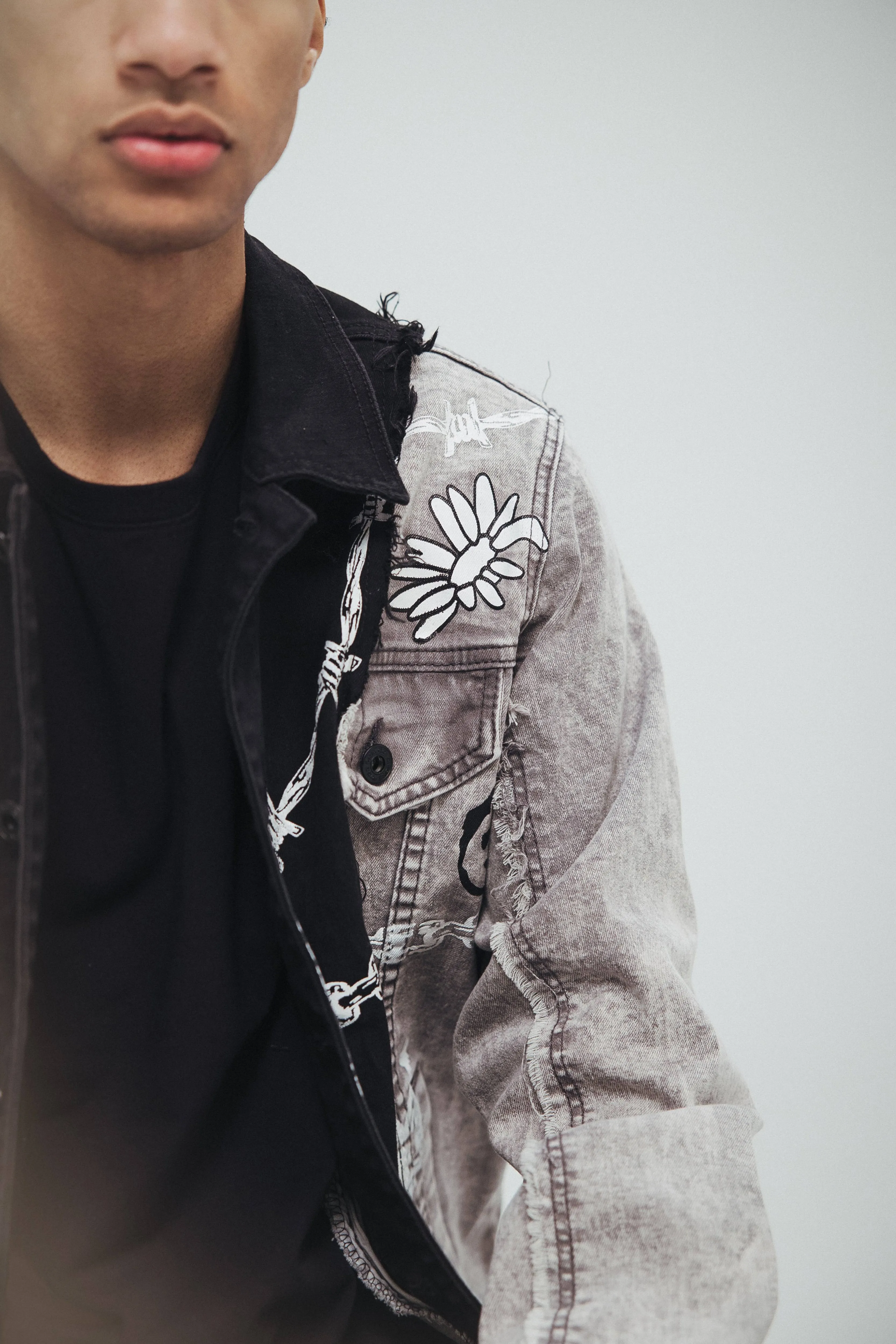 Mixed Media Fashion Jean Jacket - Frost Grey