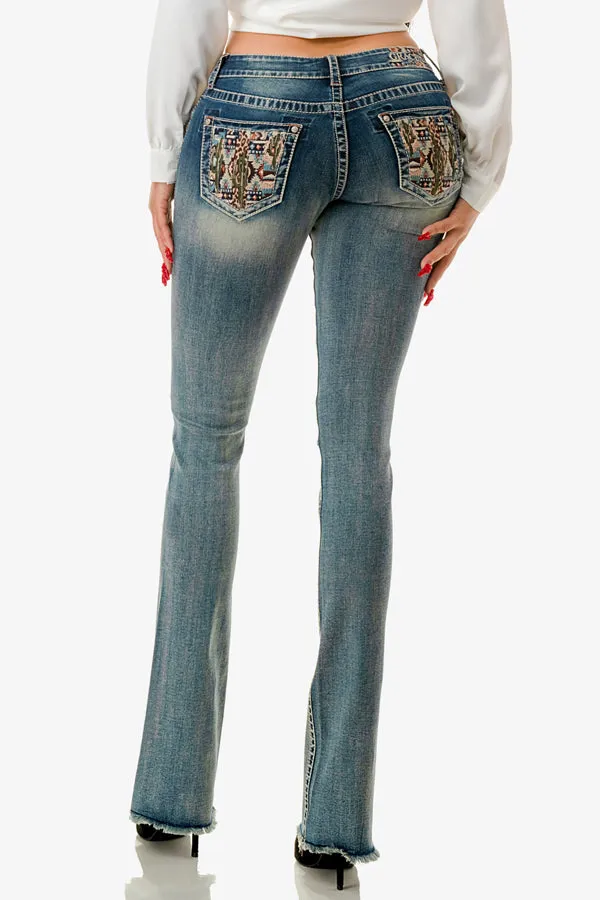 Multiple Colorful Embroidery Mid Rise Bootcut Jeans