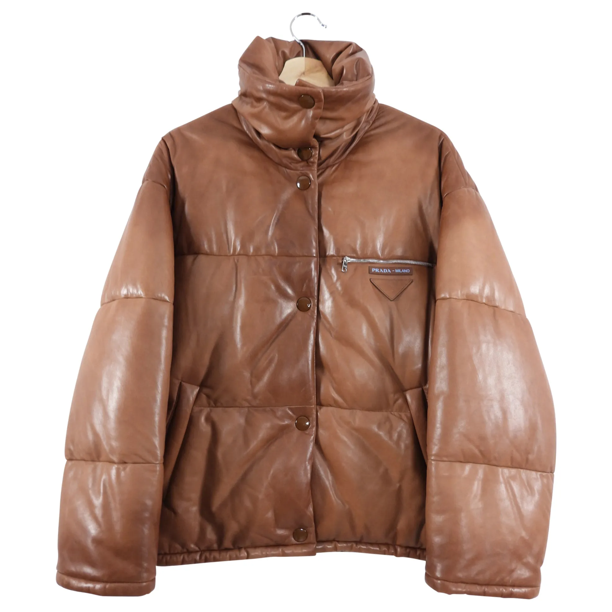 Prada Brown Leather Oversized Puffer Jacket - M