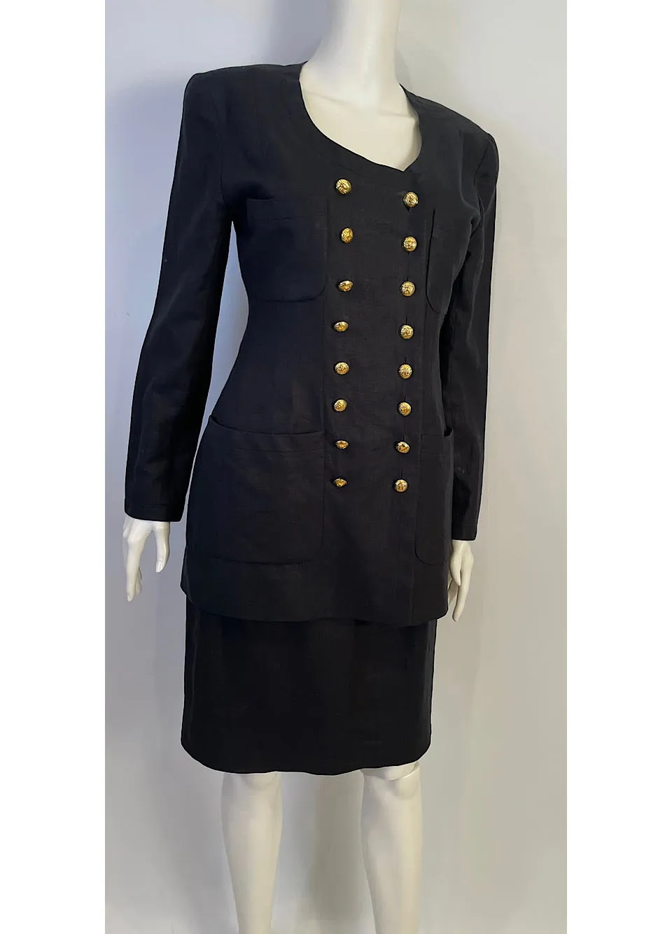 Rare Amazing 22 Buttons 1990 Vintage Chanel Black Linen Skirt Suit FR 38